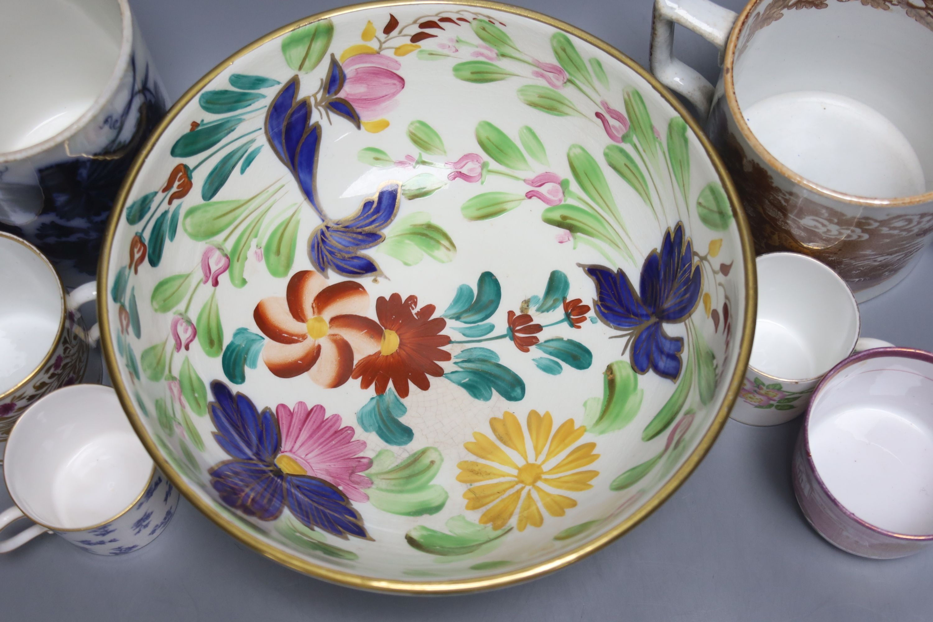 A group of ceramic mugs and cans, including a Samson of Paris armorial mug, 11.8cm and a Welsh gaudy style bowl